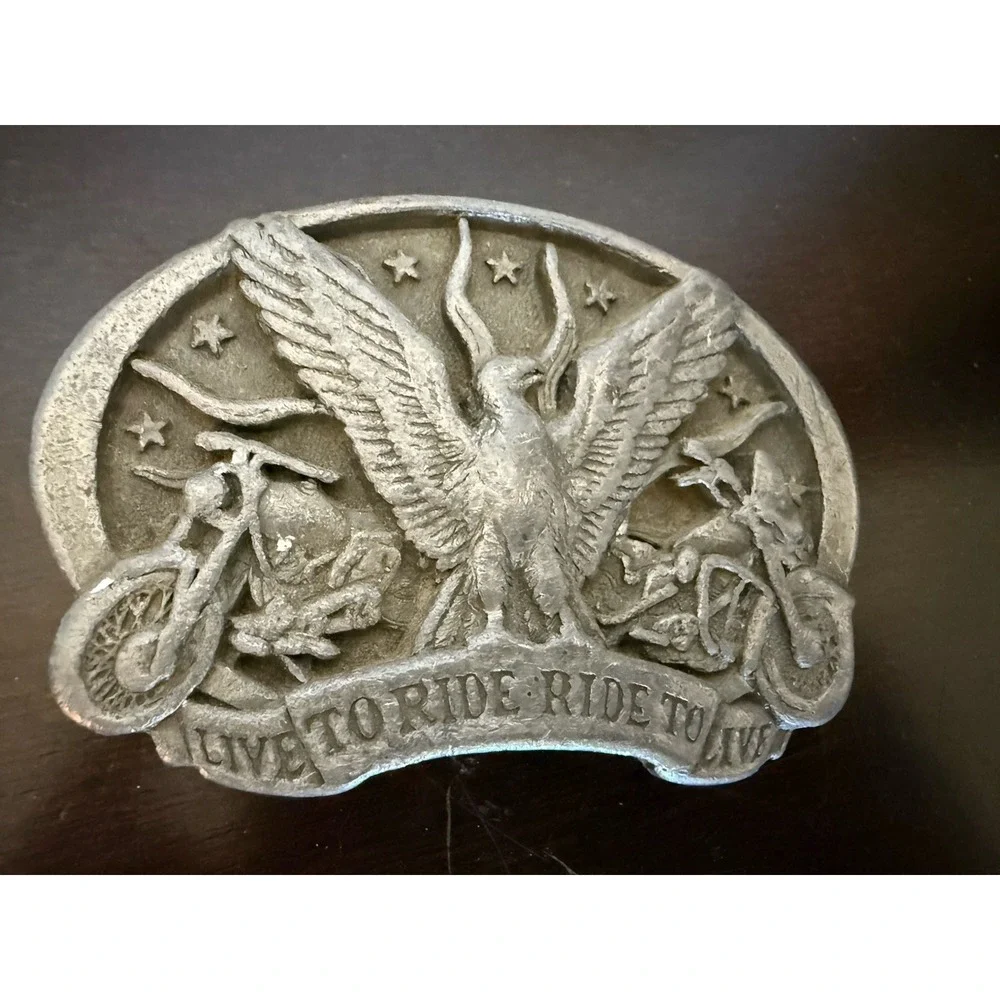 Vintage 1991 C+J Eagle ORANGE LIVE TO RIDE RIDE TO LIVE Belt Buckle - USA